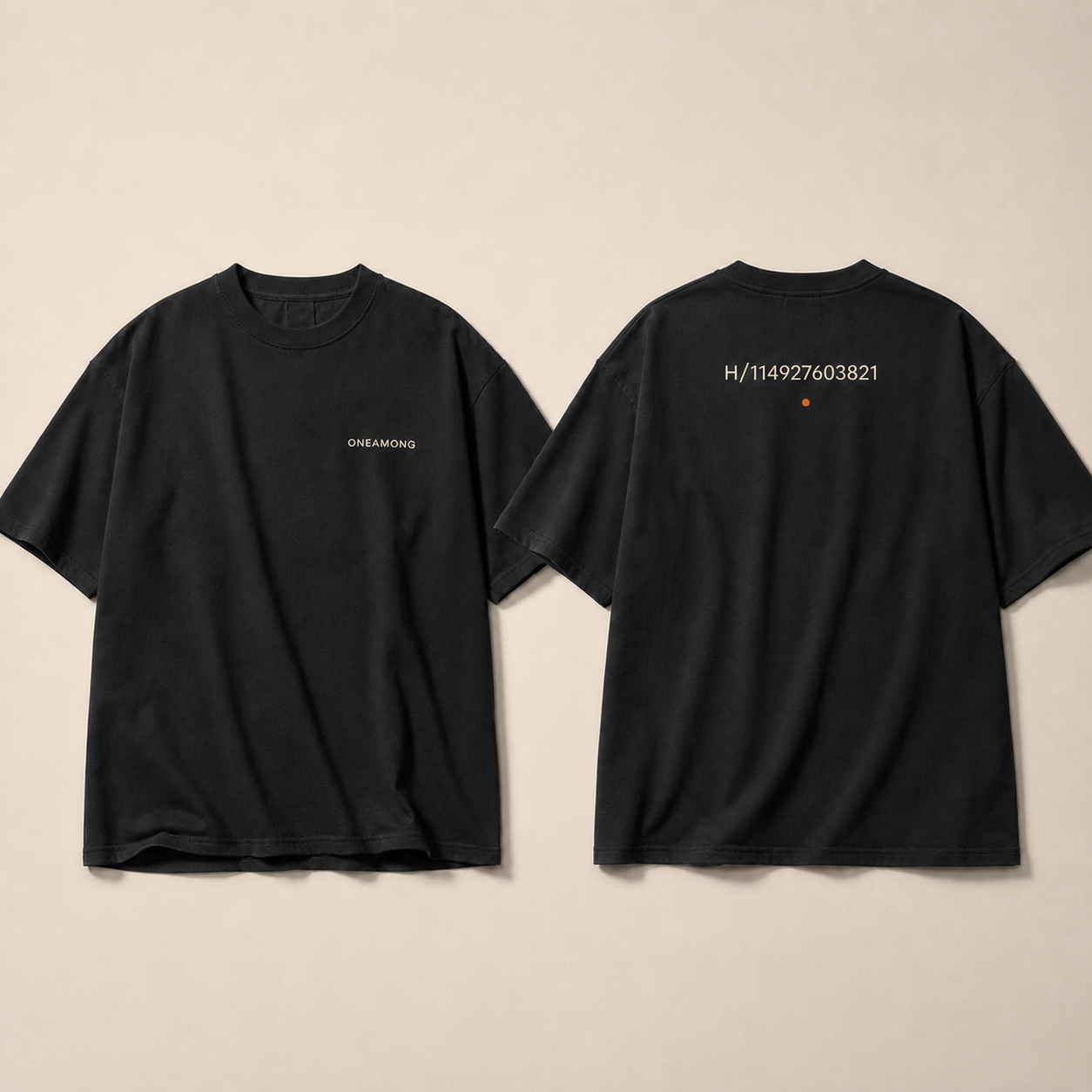 ONEAMONG near-black ID Tee shown front and back