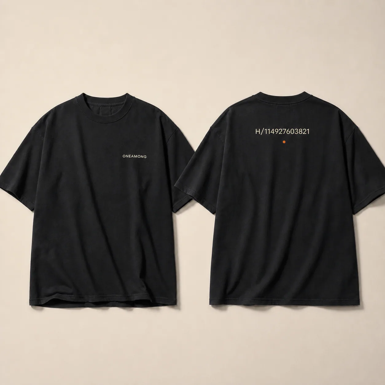 ONEAMONG near-black ID Tee shown front and back