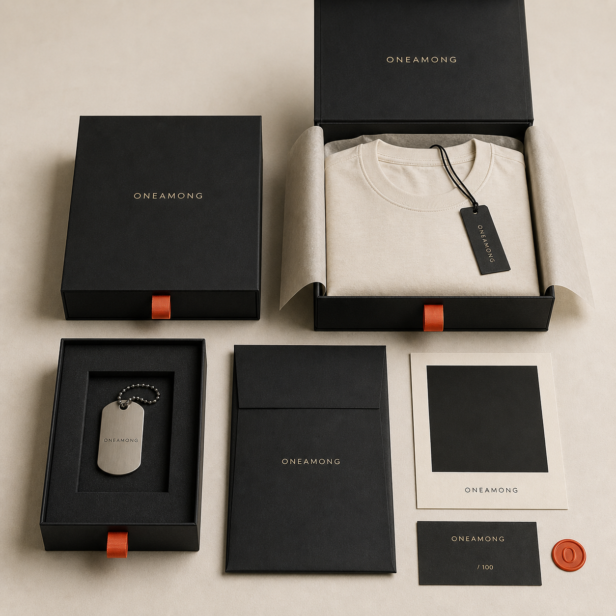 ONEAMONG near-black and warm-bone launch packaging system