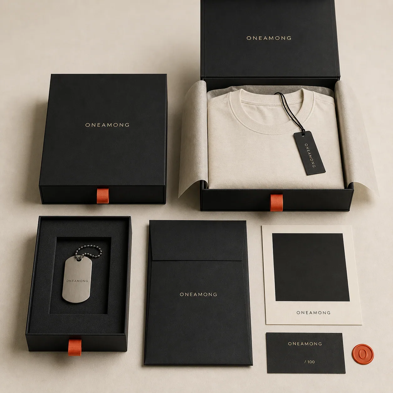 ONEAMONG near-black and warm-bone launch packaging system